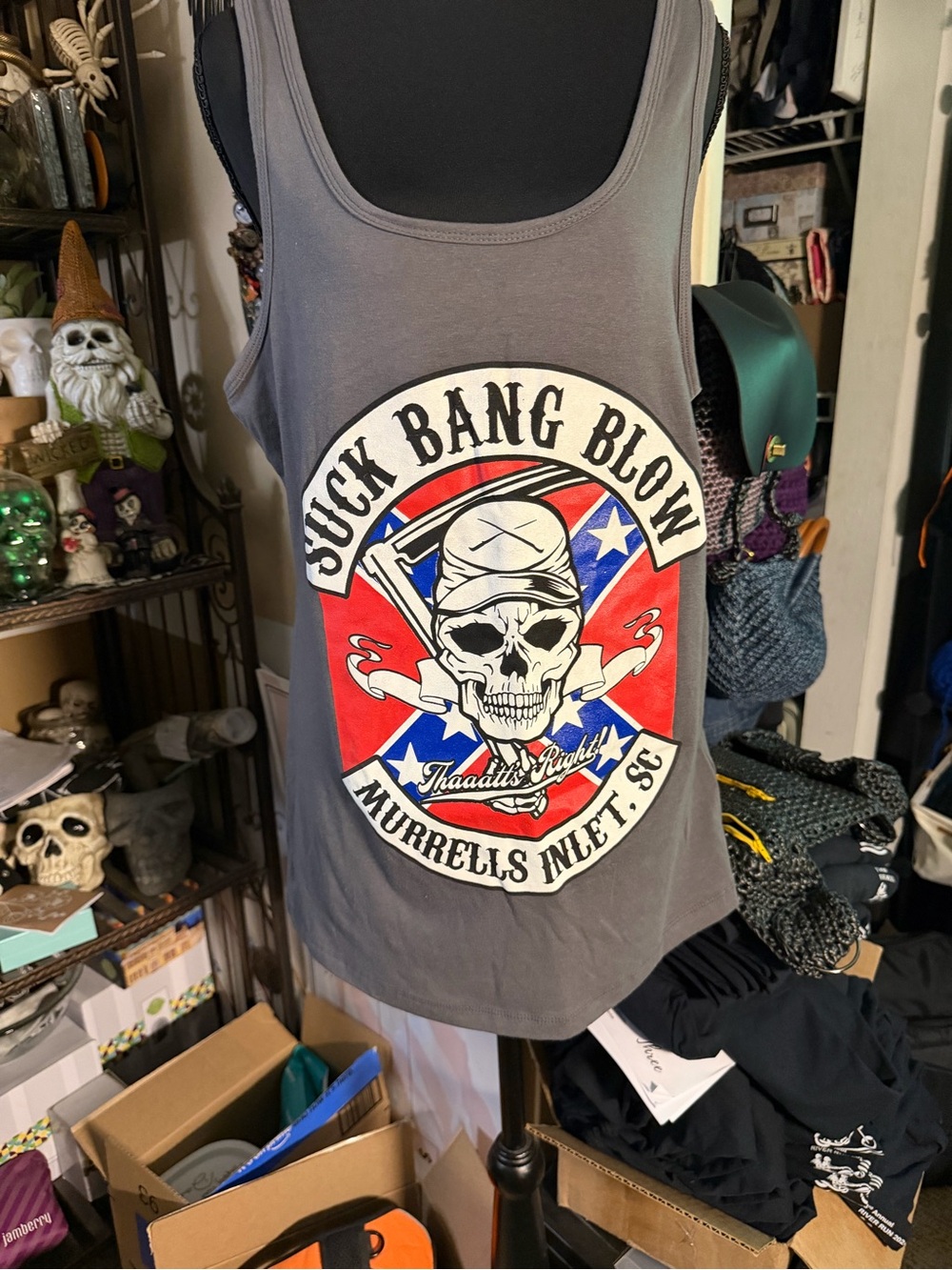 Gray Tank Top with Skull Graphic "Suck Bang Blow"